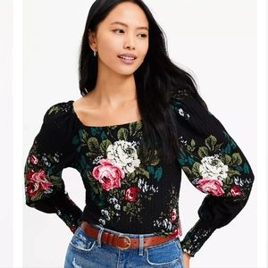 𝅺LOFT Black Bouquet Puff Sleeve Square Neck Top Size M
